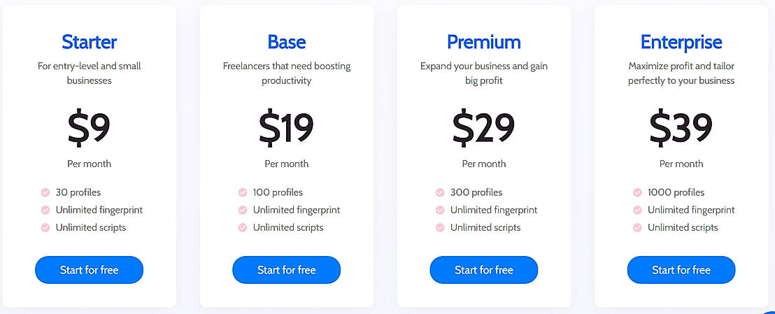 Pricing screenshot