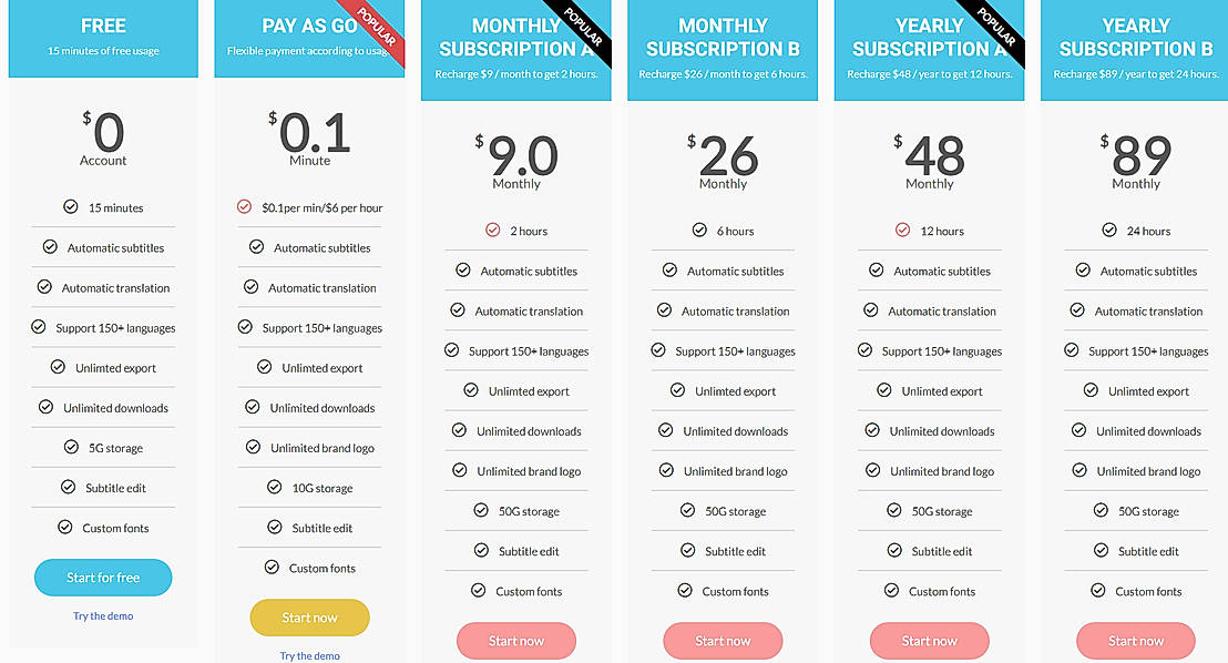 Pricing screenshot