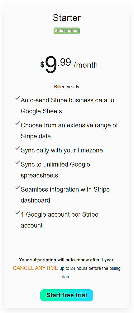 Pricing screenshot