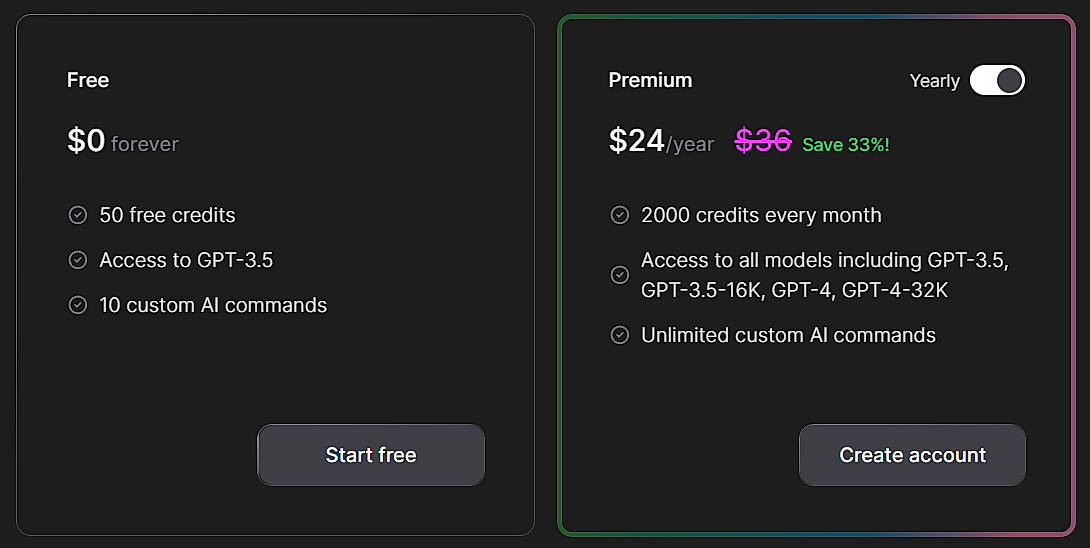 Pricing screenshot