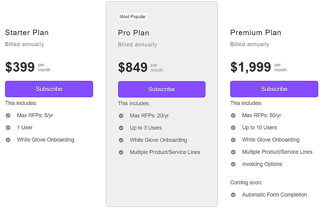 Pricing screenshot