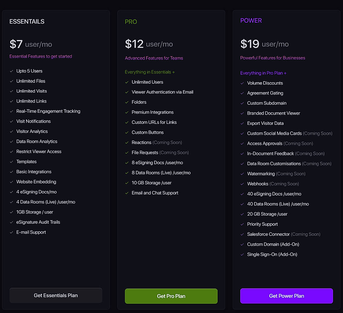Pricing screenshot