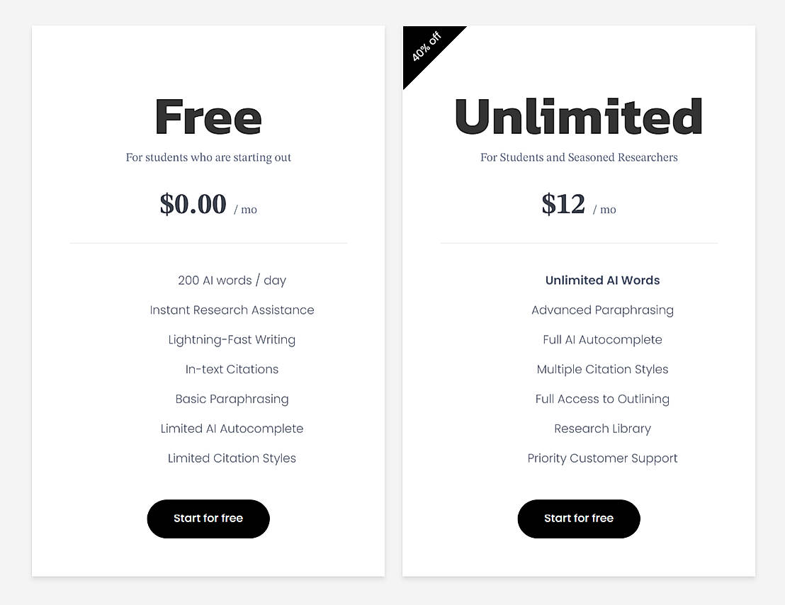 Pricing screenshot