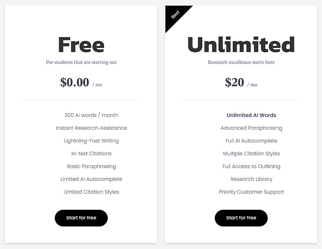 Pricing screenshot