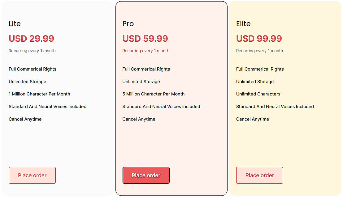 Pricing screenshot