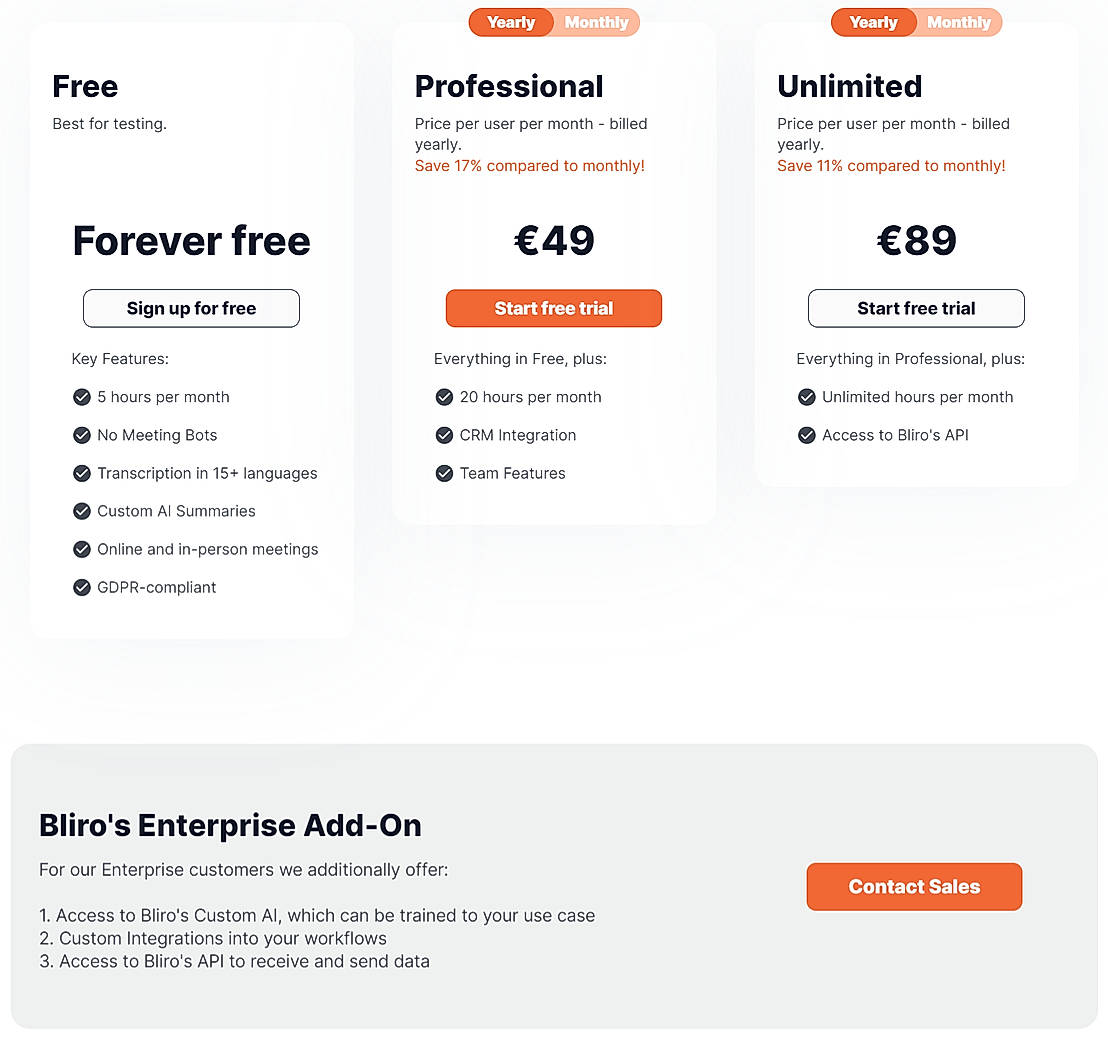 Pricing screenshot
