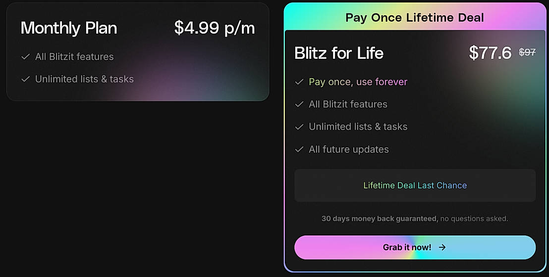 Pricing screenshot