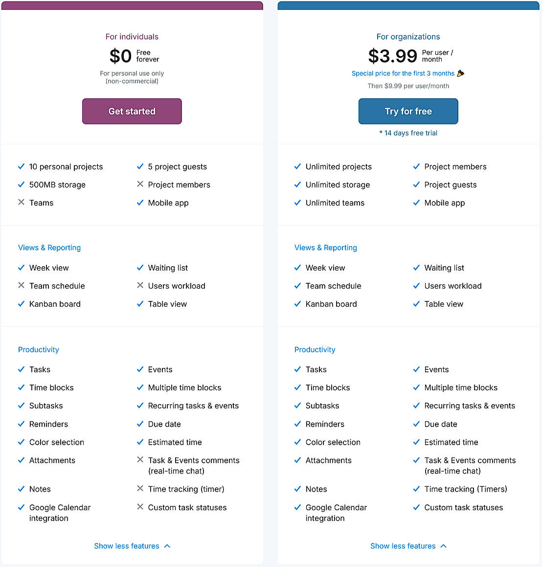 Pricing screenshot