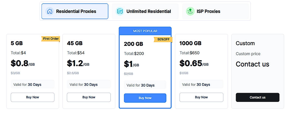 Pricing screenshot