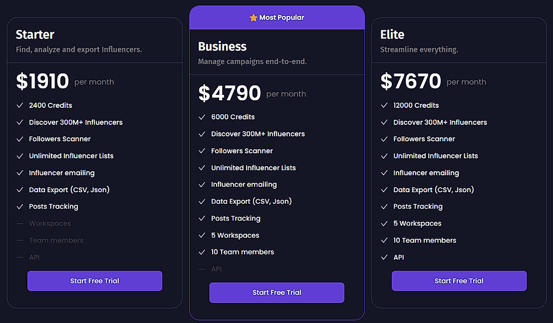 Pricing screenshot
