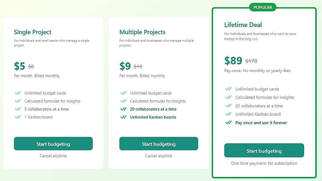 Pricing screenshot