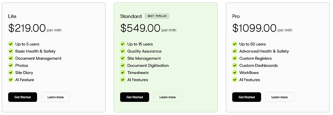 Pricing screenshot