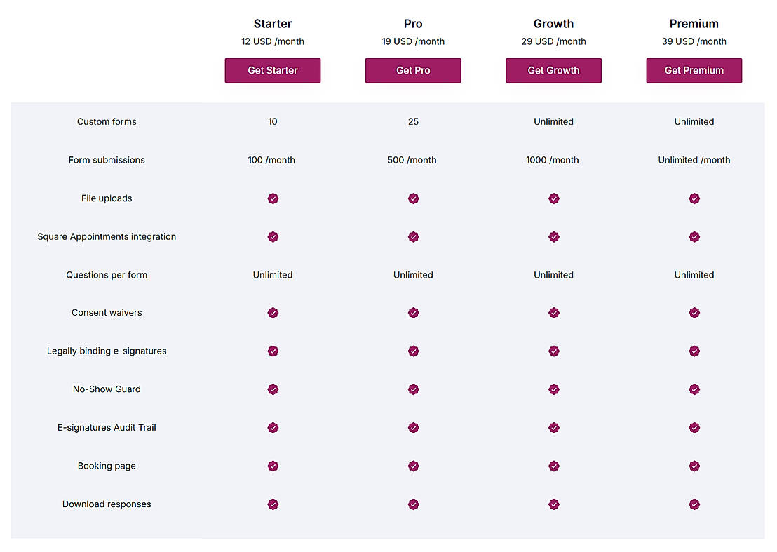 Pricing screenshot
