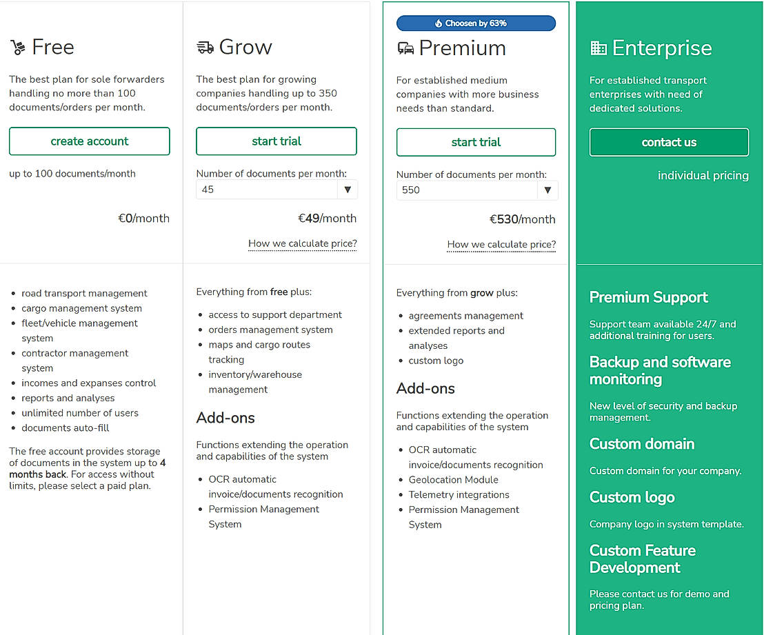 Pricing screenshot
