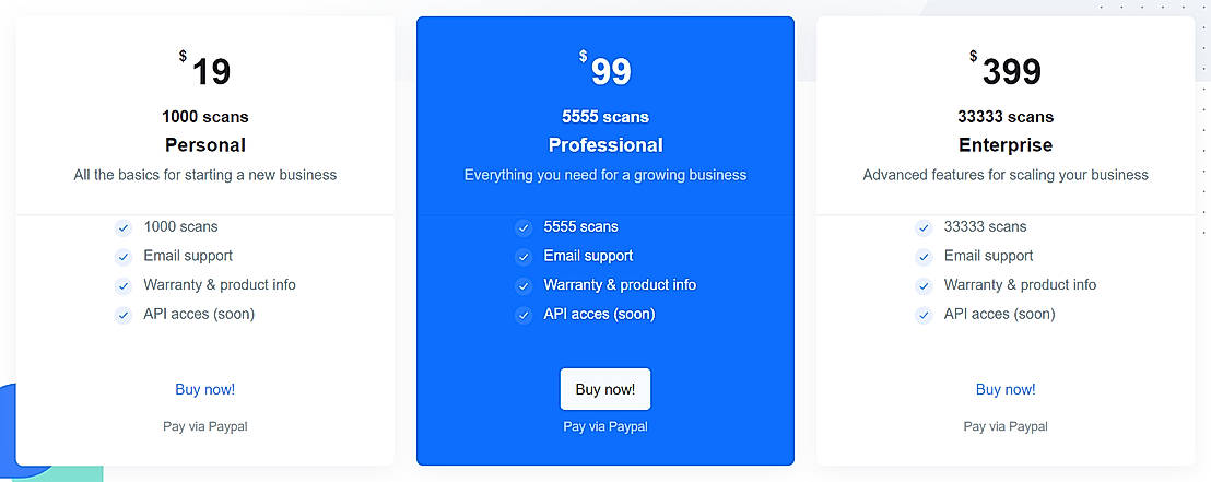 Pricing screenshot