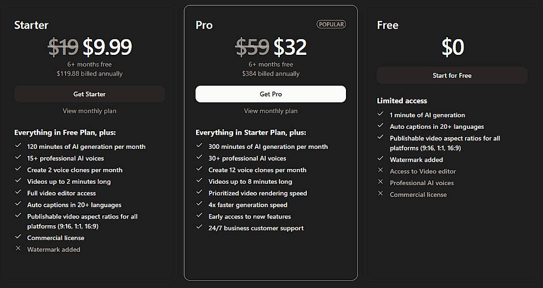 Pricing screenshot