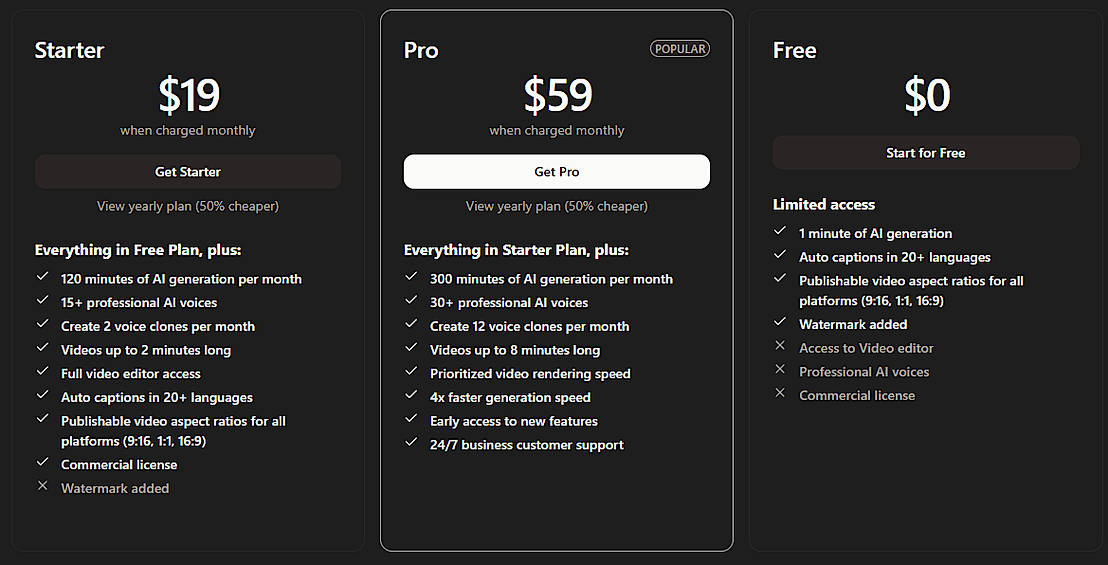 Pricing screenshot