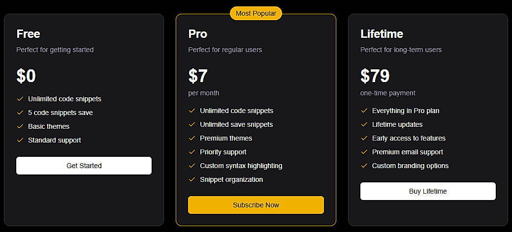 Pricing screenshot