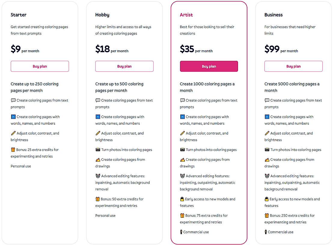 Pricing screenshot
