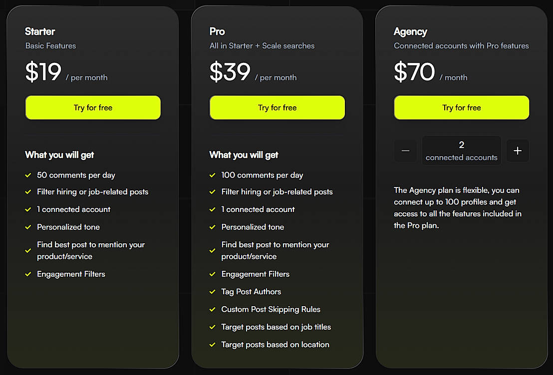 Pricing screenshot