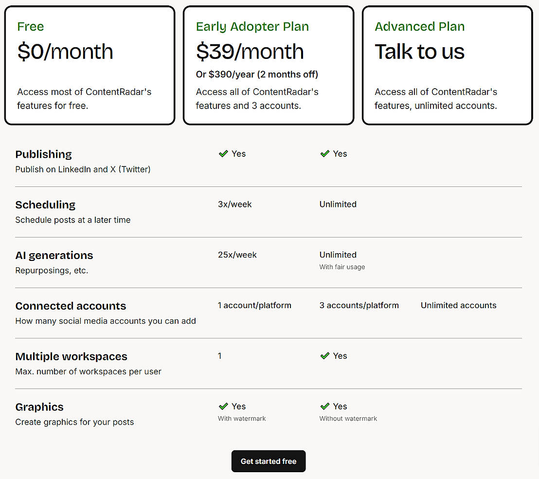 Pricing screenshot