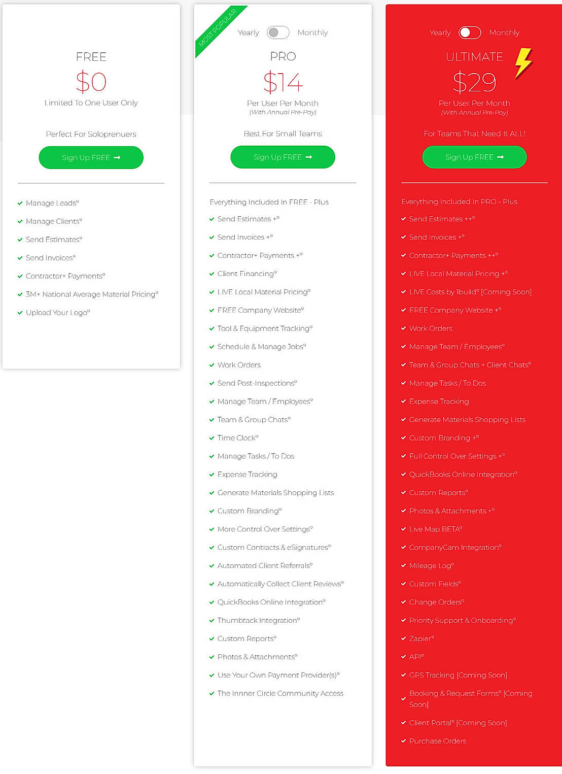 Pricing screenshot