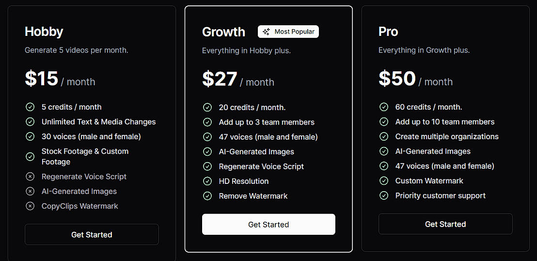 Pricing screenshot