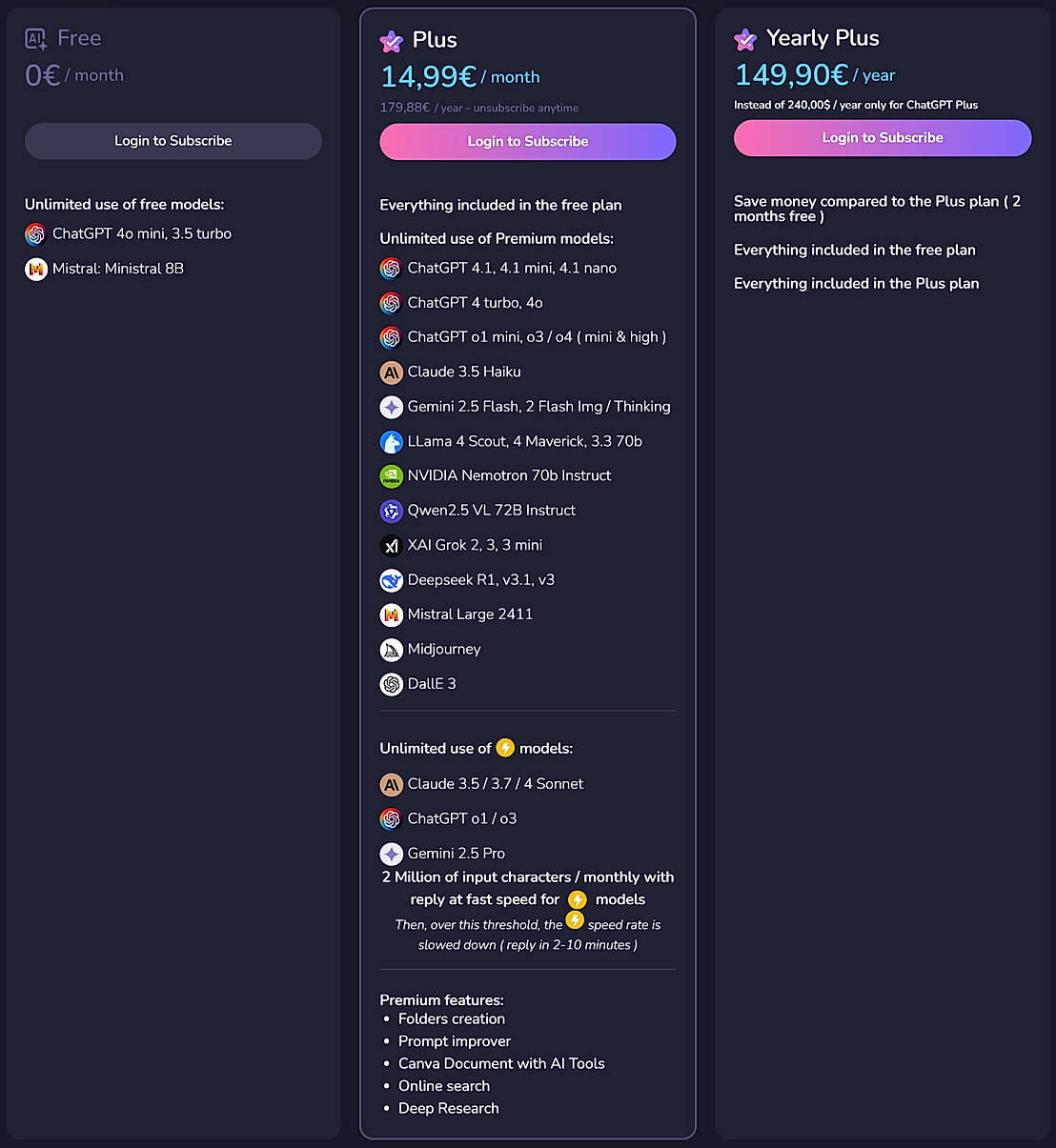Pricing screenshot