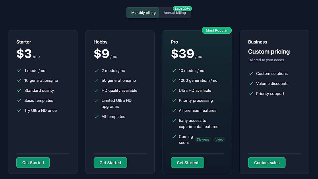Pricing screenshot