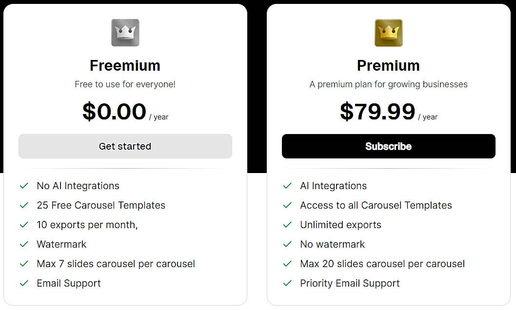 Pricing screenshot