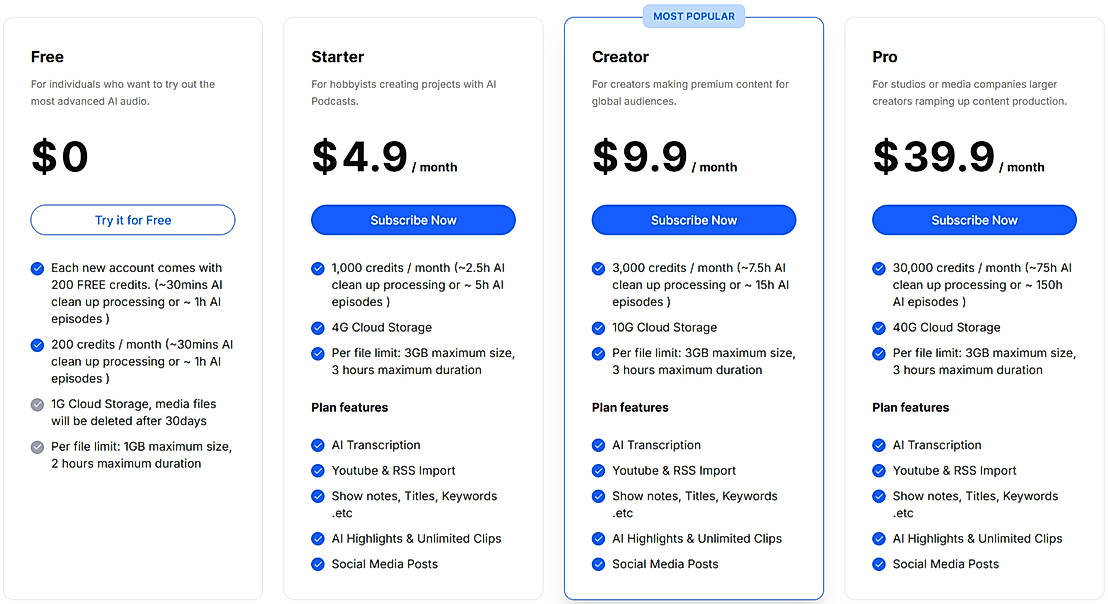 Pricing screenshot