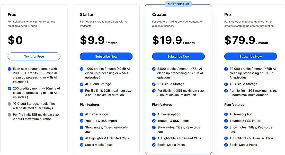 Pricing screenshot