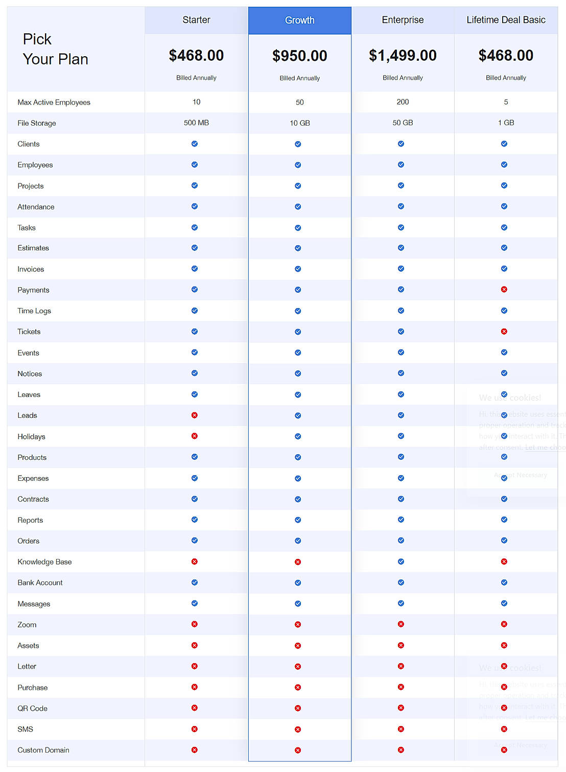 Pricing screenshot