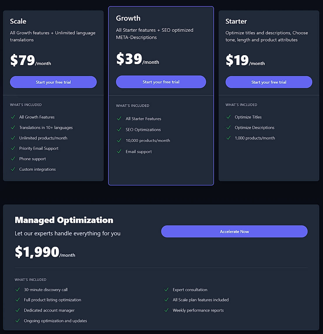 Pricing screenshot
