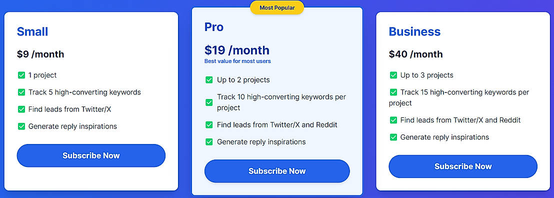 Pricing screenshot