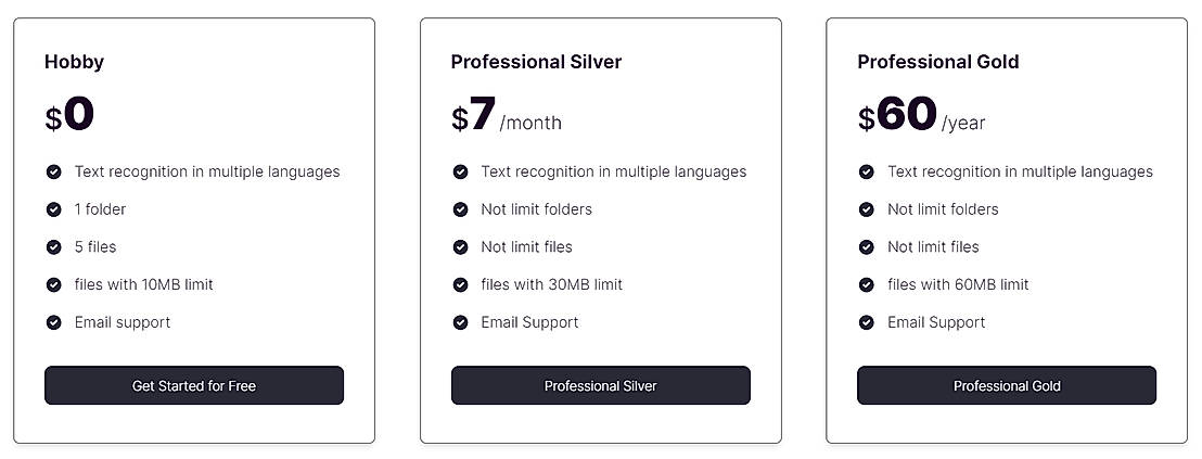 Pricing screenshot