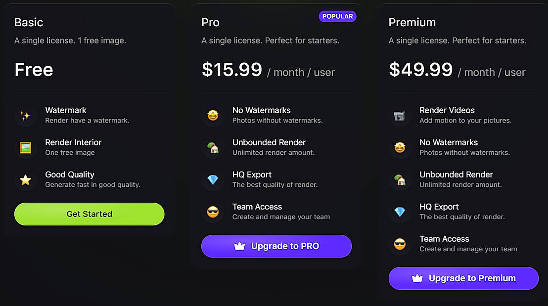 Pricing screenshot