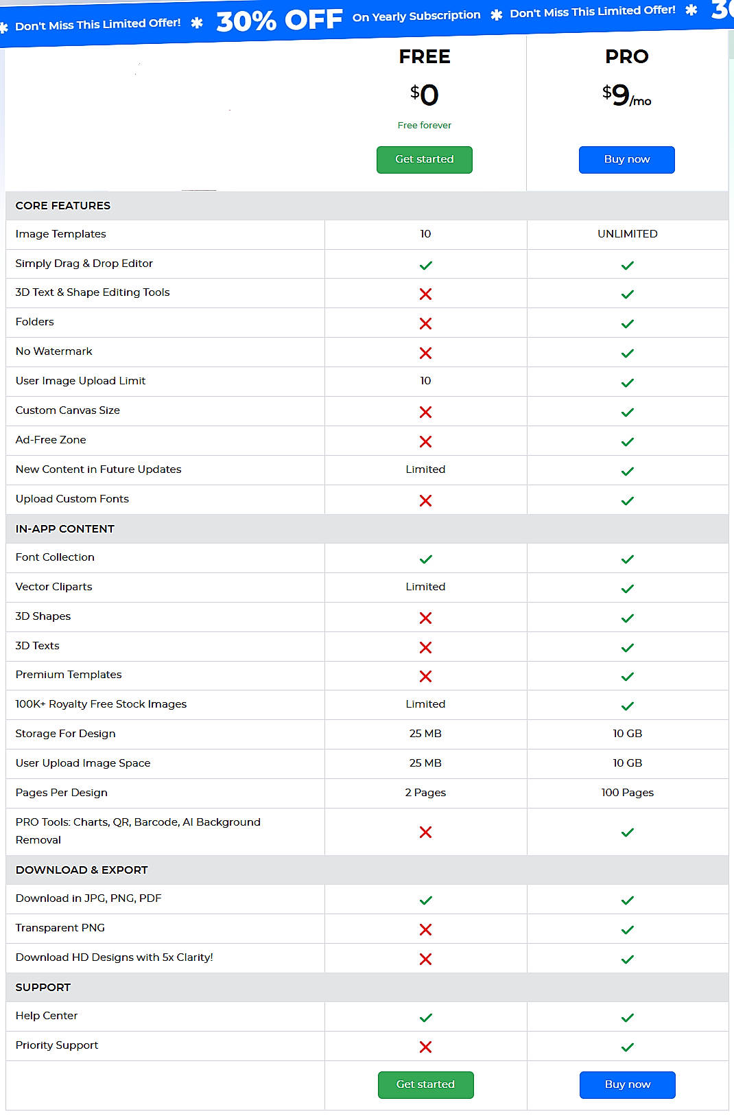 Pricing screenshot