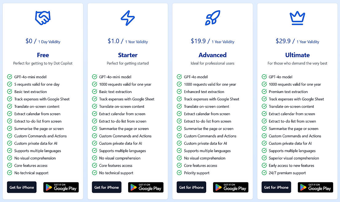 Pricing screenshot