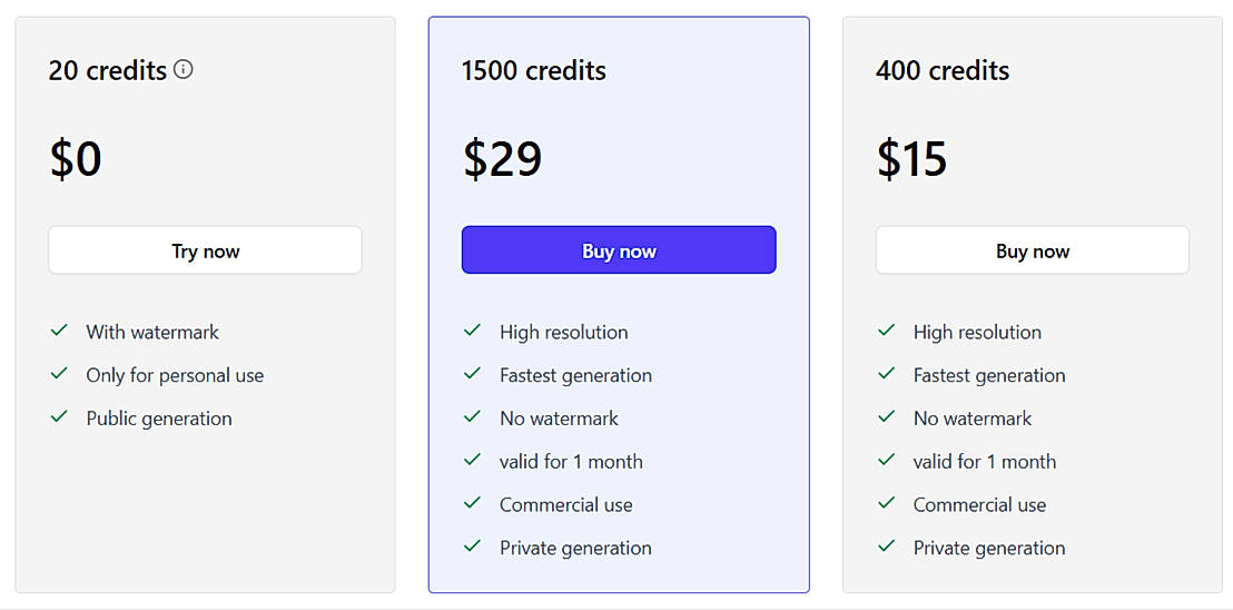 Pricing screenshot