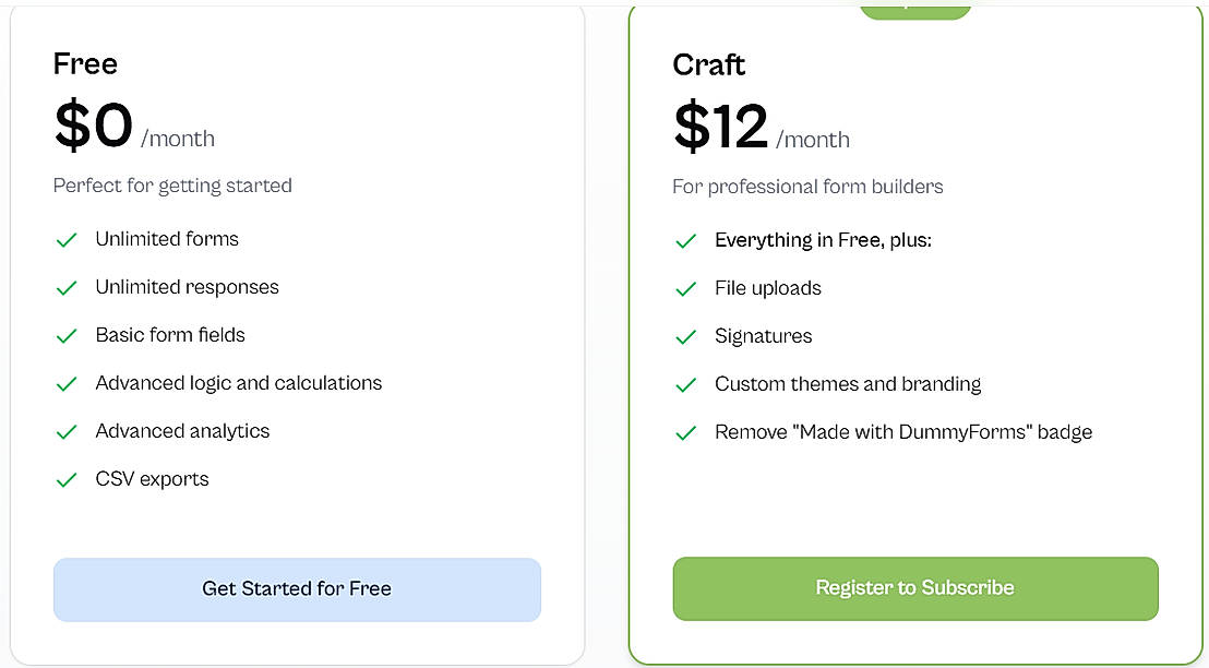 Pricing screenshot