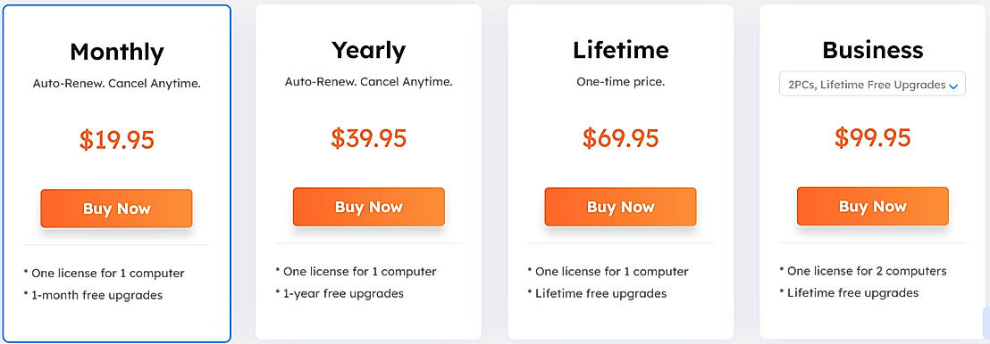 Pricing screenshot