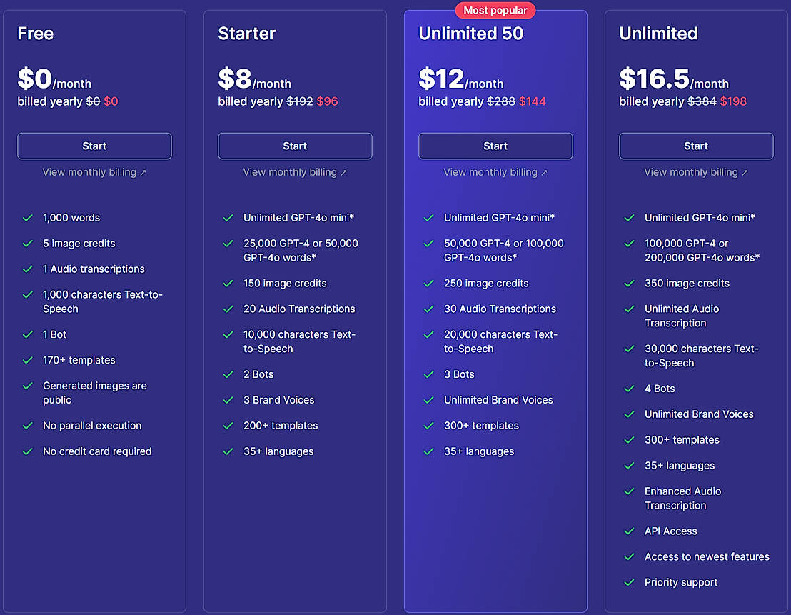 Pricing screenshot