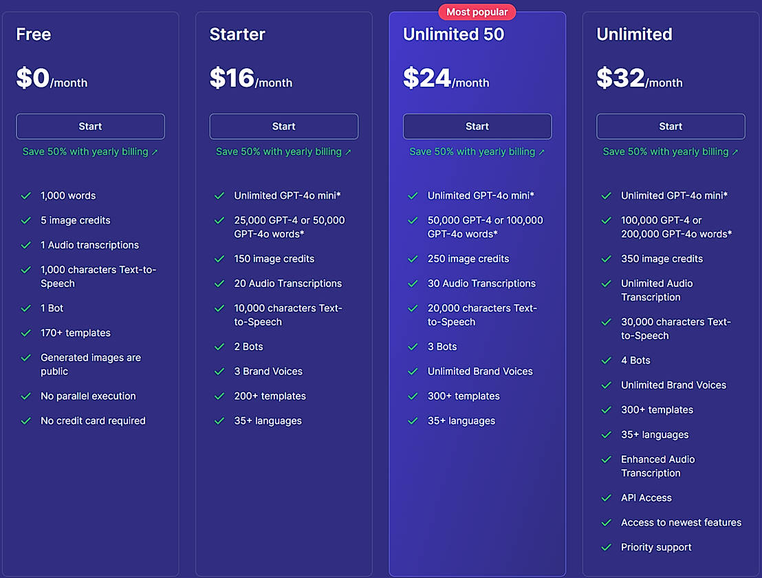Pricing screenshot