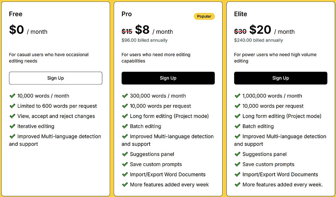 Pricing screenshot