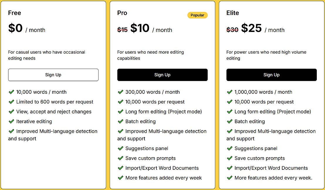 Pricing screenshot