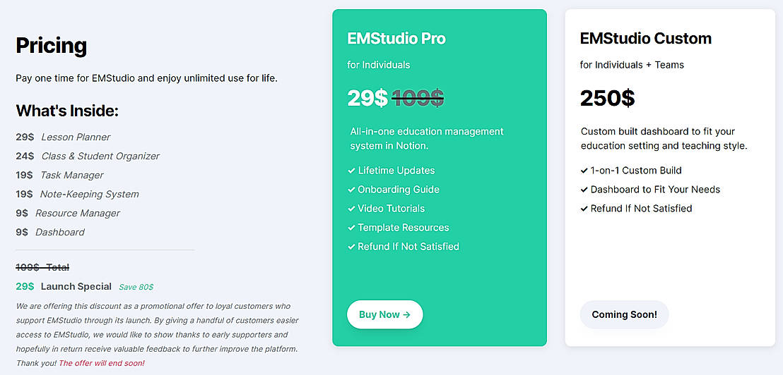 Pricing screenshot