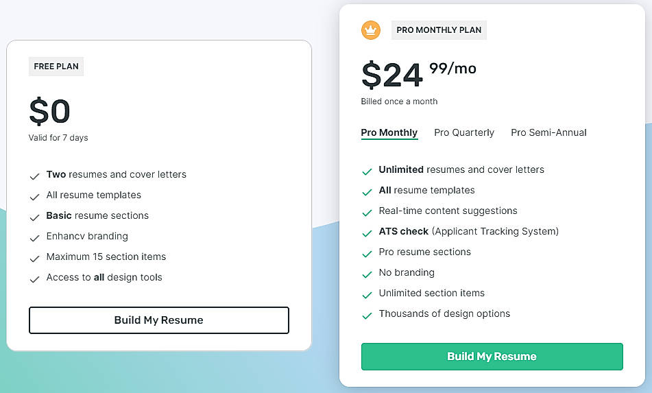 Pricing screenshot