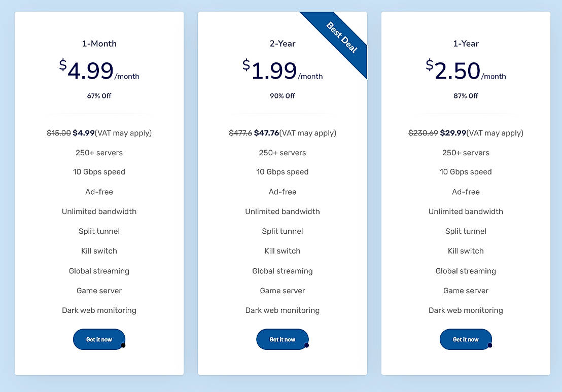 Pricing screenshot