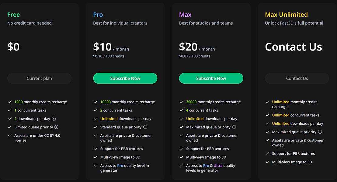 Pricing screenshot
